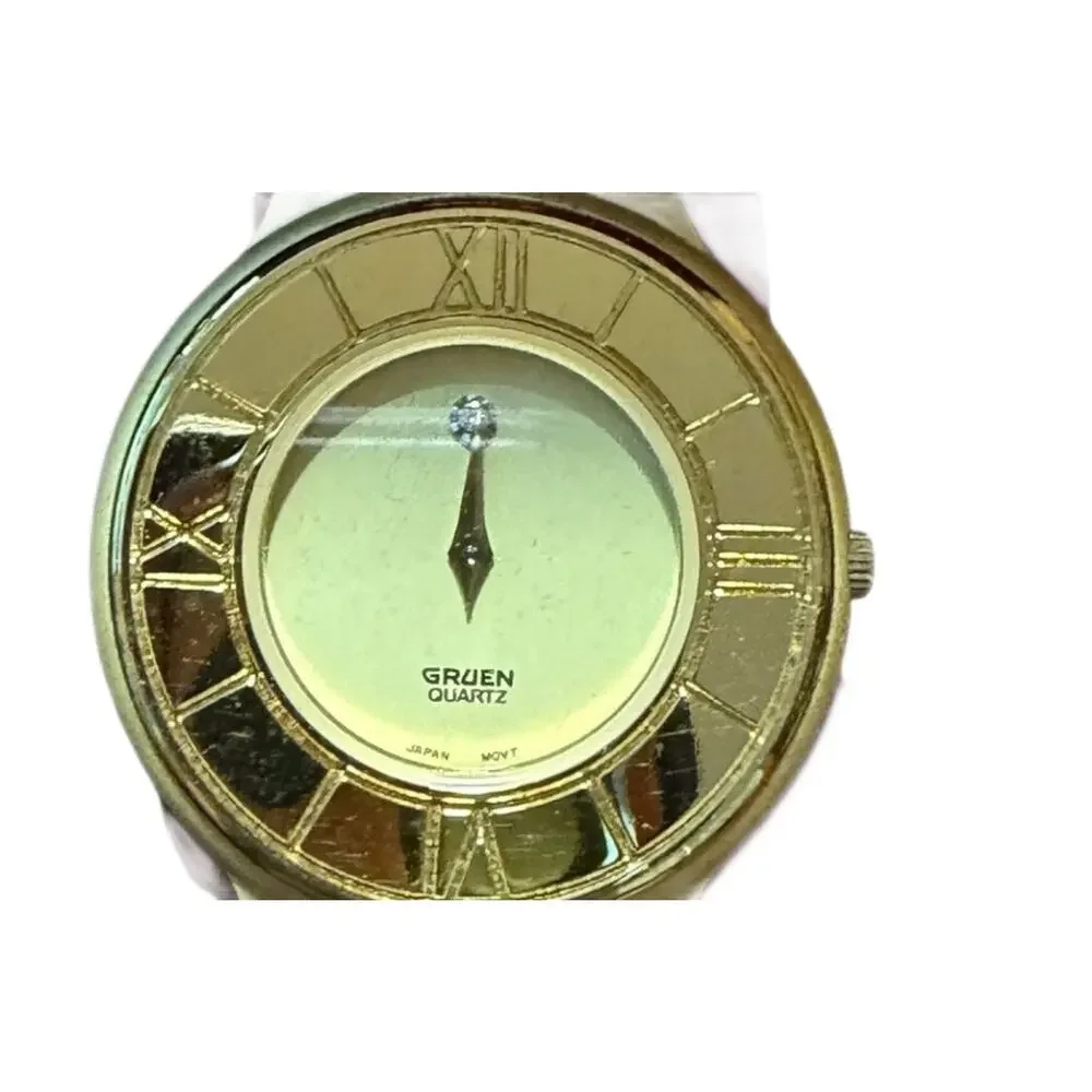 Vintage Gruen Precision Quartz Gold Tone Watch with Genuine Diamond & Box